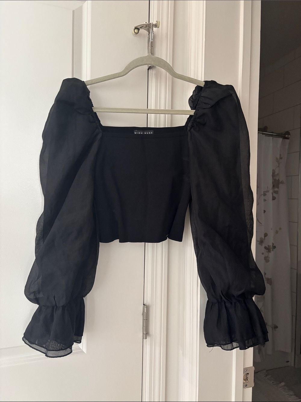 Midnight Puff-Sleeve Square Neck Crop Top